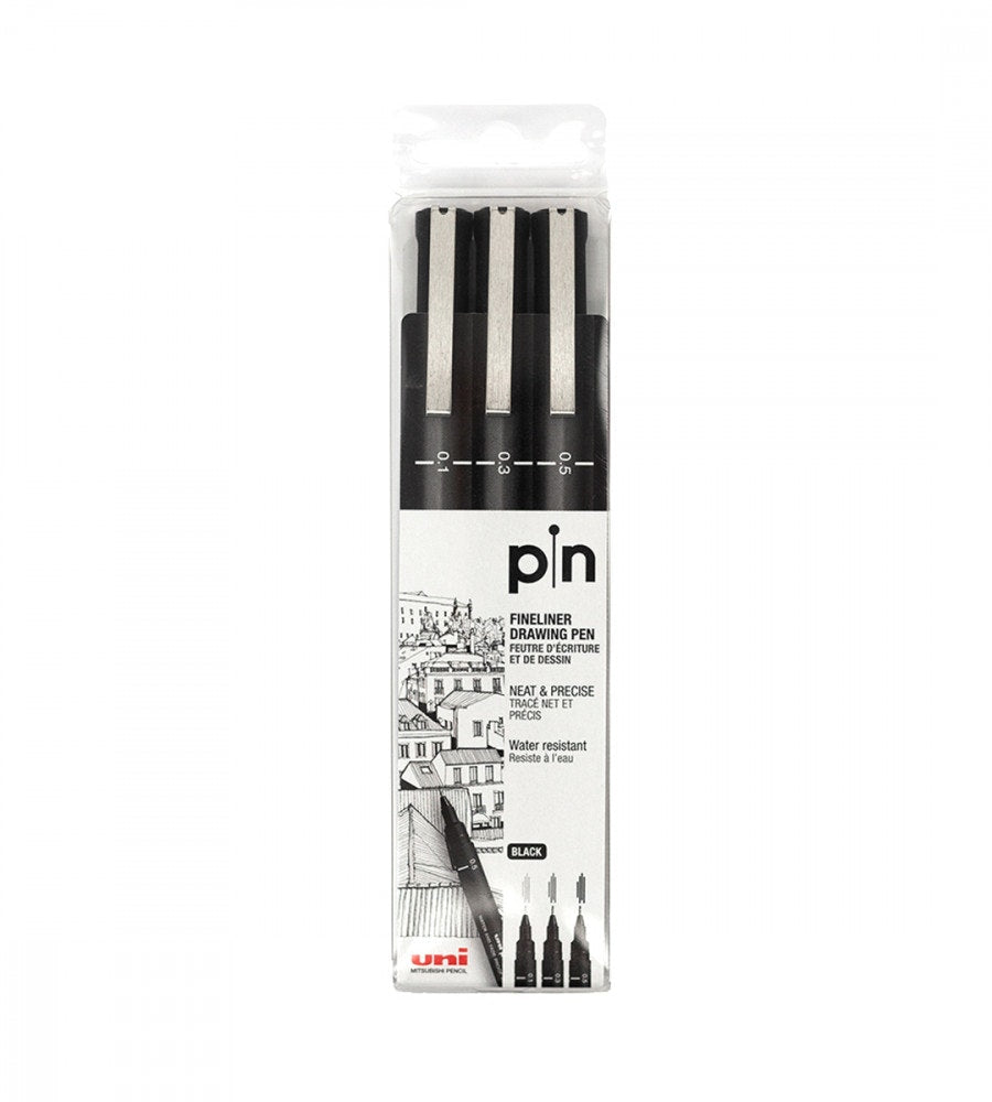 pennor fineliner uni pin 3-pack (0.1, 0.3, 0.5) - svart (3-pack) svart